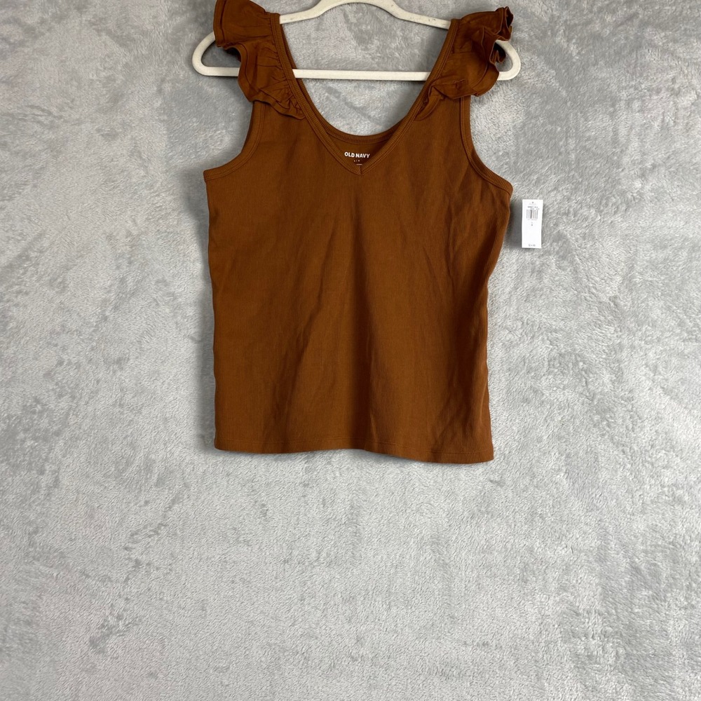 Old Navy Ruffle Strap Ribbed V-Neck Tank Top Horse Chestnut Brown Large NEW